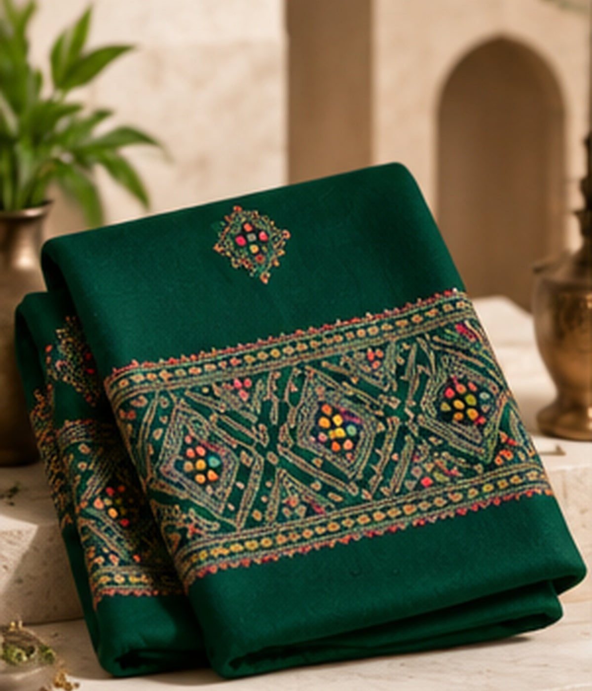Emerald Green Unstitched Pashmina 3-Piece Suit
