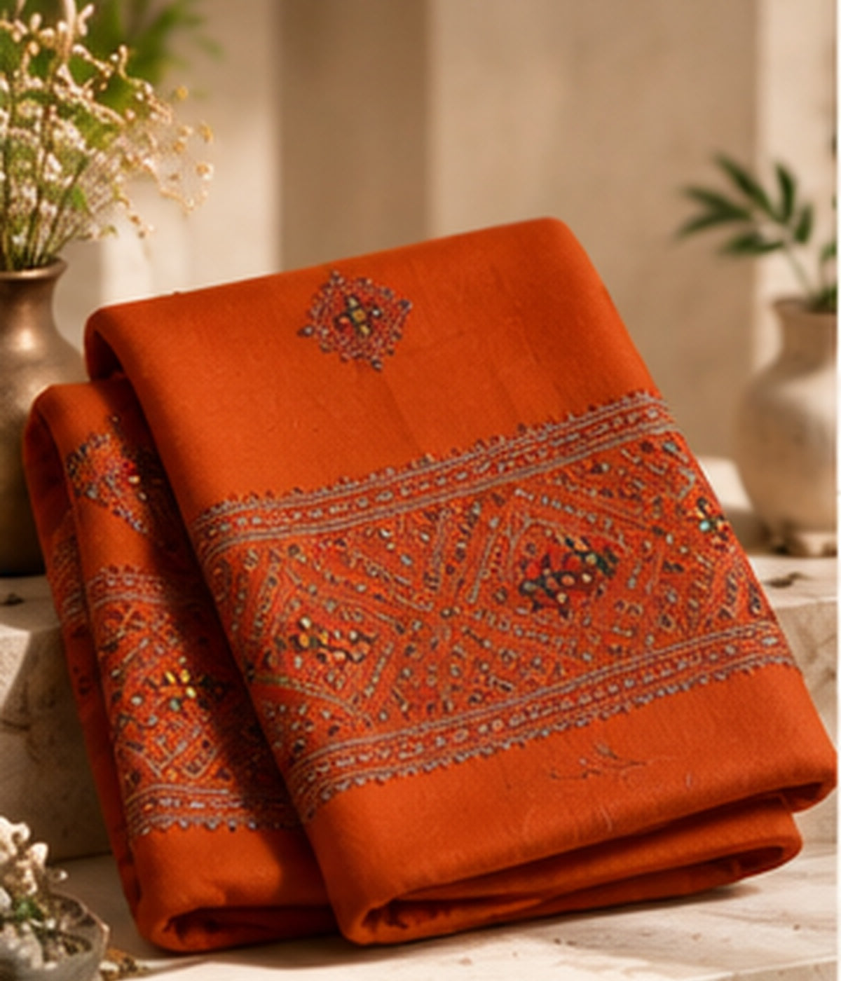 Rustic Orange Unstitched Pashmina 3-Piece Suit