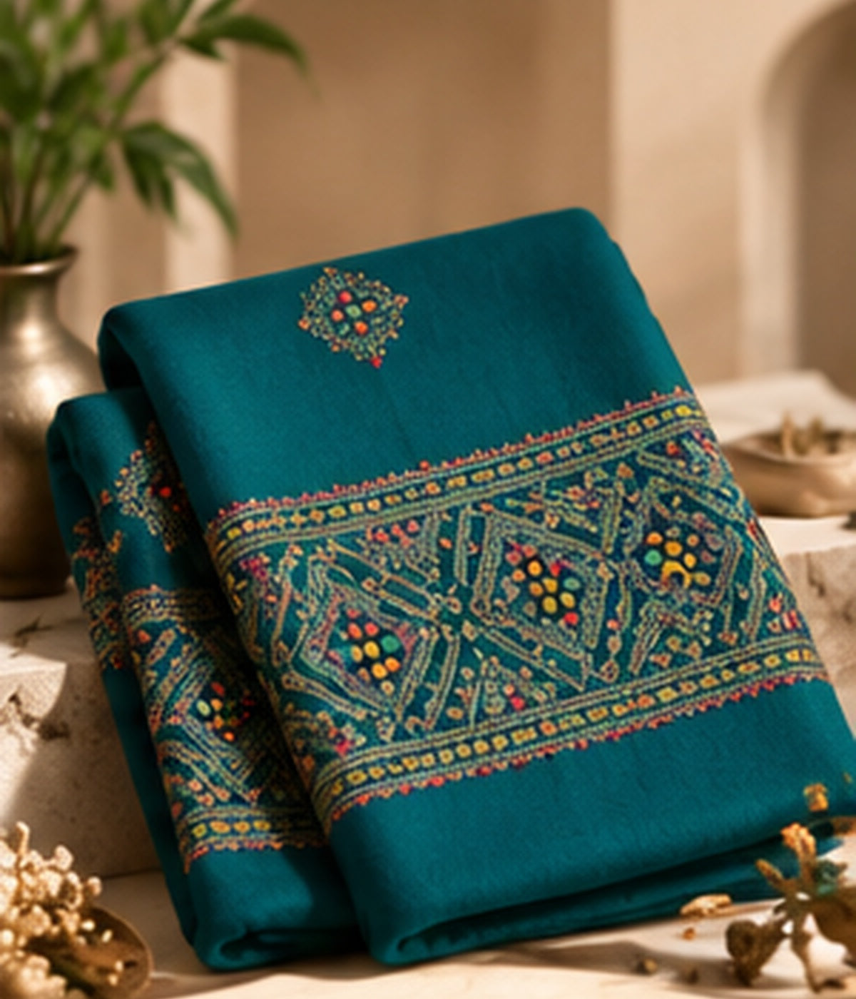 Teal Unstitched Pashmina 3-Piece Suit