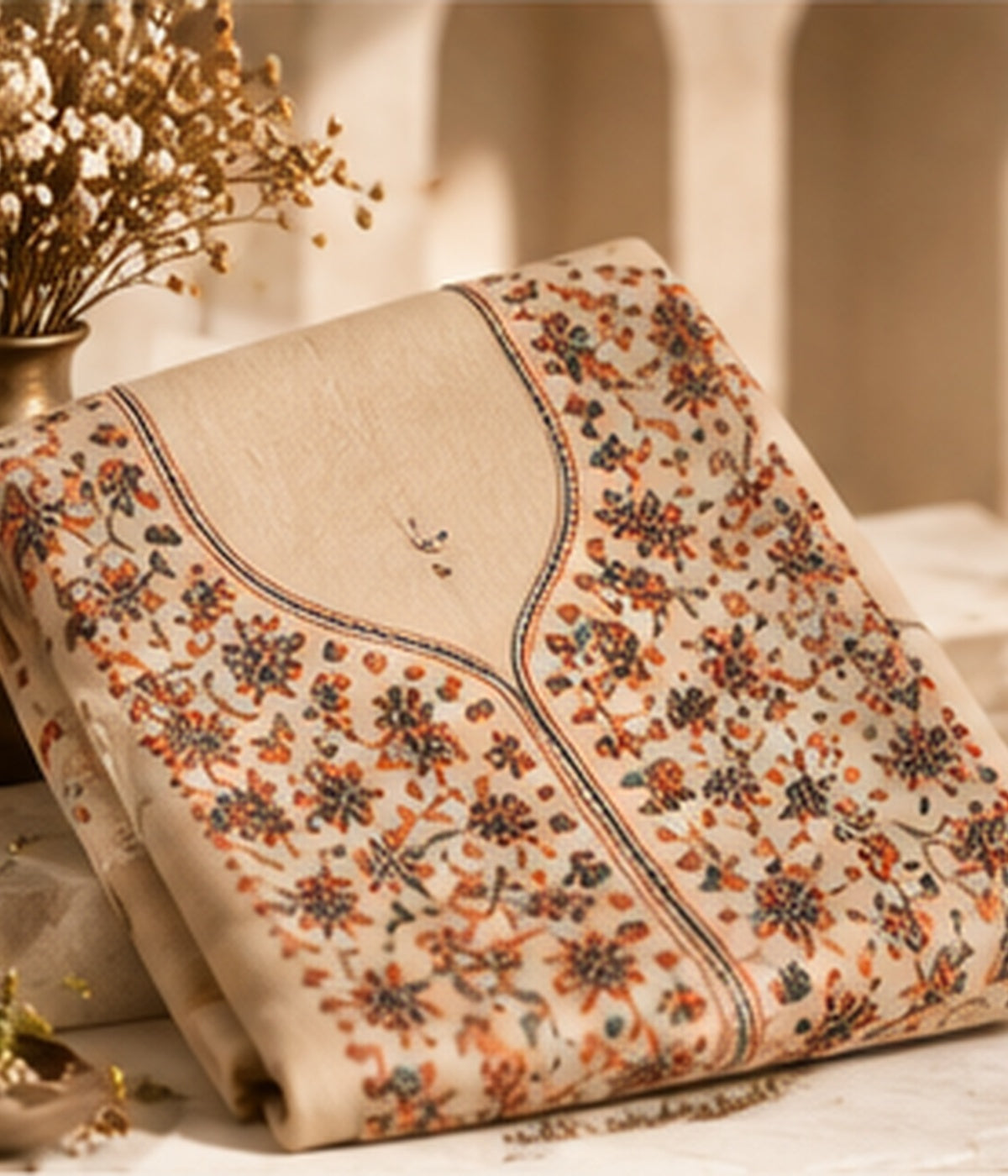 Ivory Beige Unstitched Pashmina 3-Piece Suit
